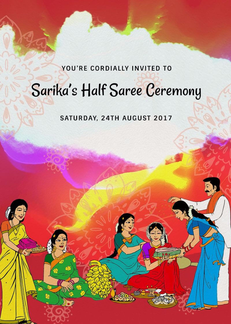 A Beautiful Half Saree Ceremony Invitation with Delicate Floral Motifs,  Gold Outlined Poppy Accents, and Classic Caricature Illustration for a  Hindu-Indian Celebration. Design no. 2497 - www.victoryinvitations.com